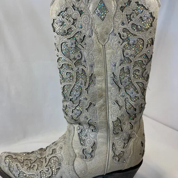 WOMEN'S WHITE GLITTERED INLAY AND CRYSTALS SNIP COWBOY BOOT 9M - Picture 15 of 16
